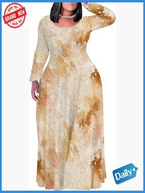 Plus Size Crew Neck Long Sleeve Maxi Dress with Pockets Casual Swing Dress